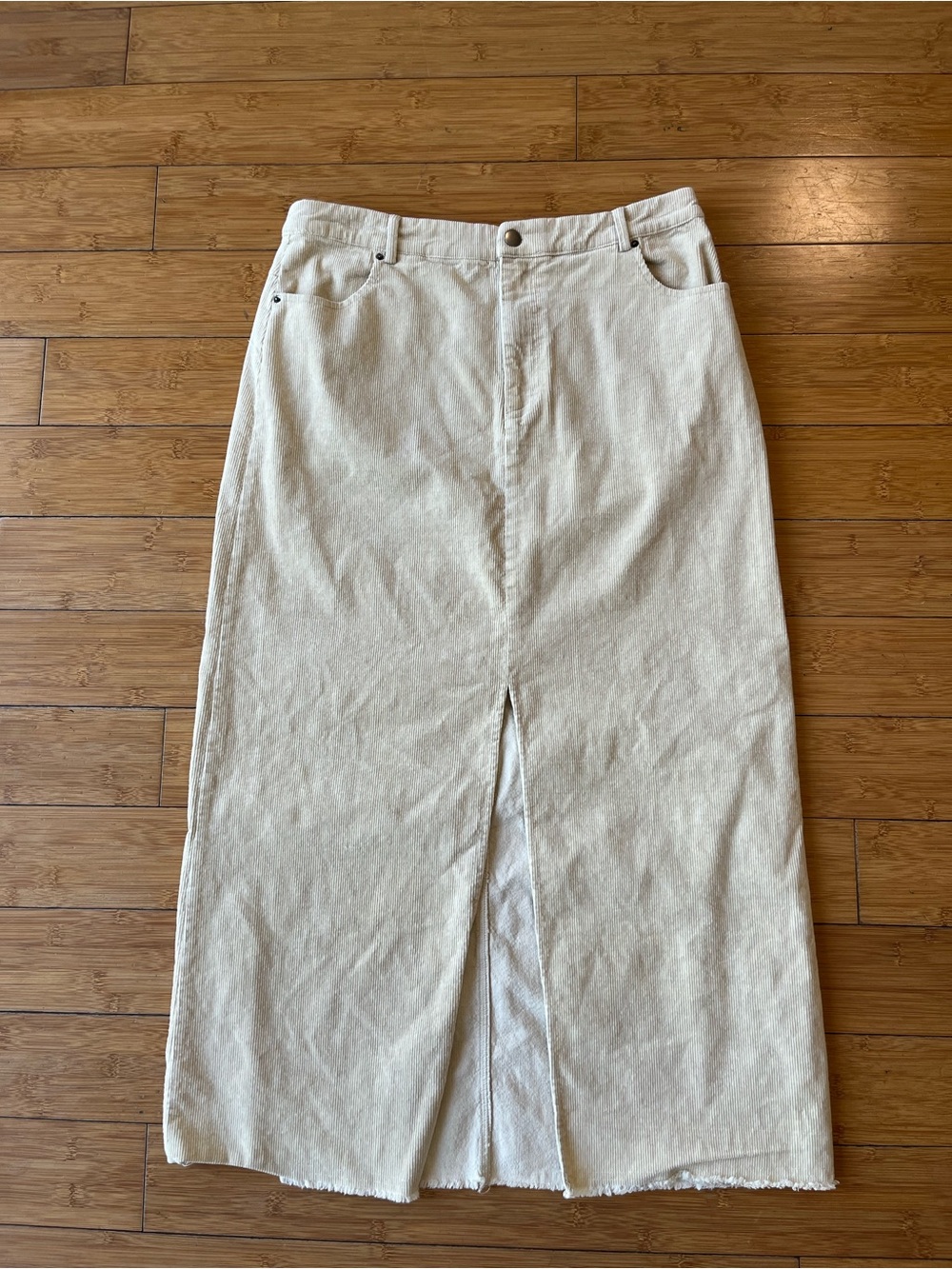 Mystree Cream High-Waist Western Corduroy Midi Skirt with Front Slit Raw Hem - Picture 3 of 11
